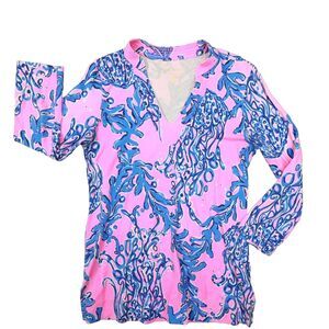 Lilly Pulitzer Vero Tunic Caught In The Coral Pink Blue Top Shirt size XS‎